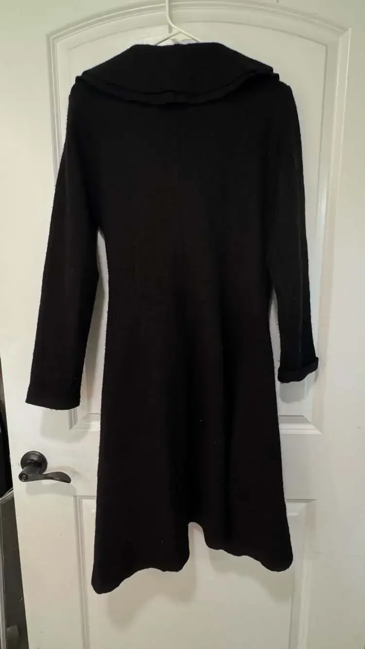 Black 100% Wool Ruffle Wrap Cardigan Sweater Coat Tie Waist Small
